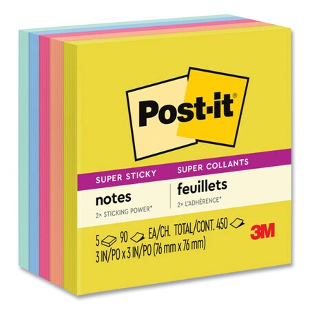 Post-It Note Pads in Summer Joy Collection Colors, 3" x 3" 90 Sheets/Pad, PK5, 5PK 7100269497